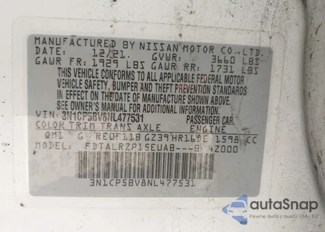 2022 Nissan Kicks S Xtronic Cvt from USA, damaged, VIN 3N1CP5BV8NL477531
